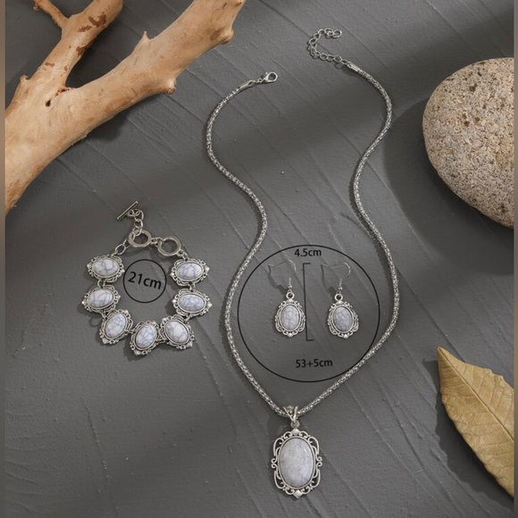 White Marbled Stone Necklace, Bracelet, and Earrings Set - Picture 4 of 6